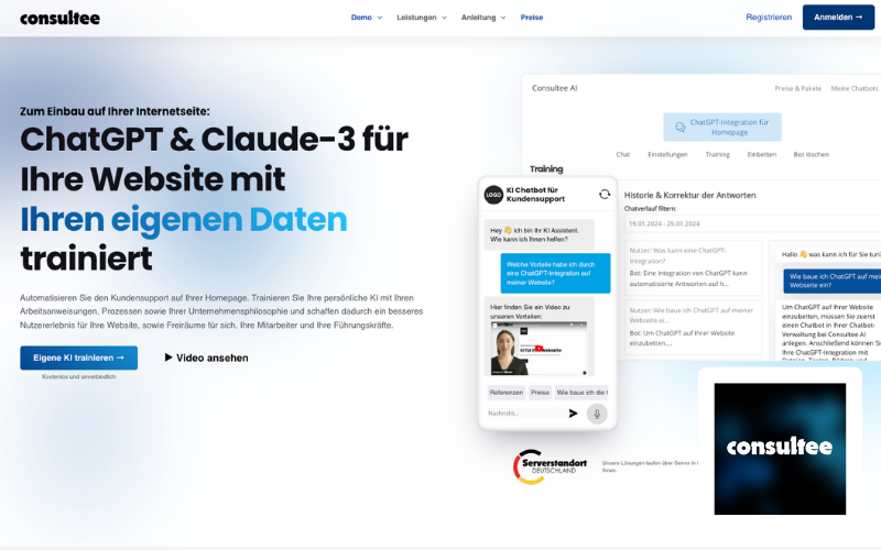 Referenz von Consultee Homepage, ChatGPT & Claude für ihre Website mit eigenen Daten trainieren